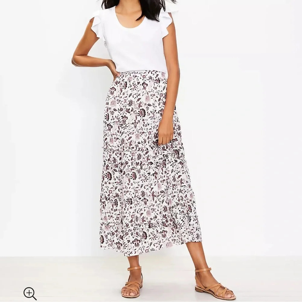 LOFT Shimmer Vine Tiered Maxi Skirt Women’s SZ XS in White Multicolor‎ Pretty